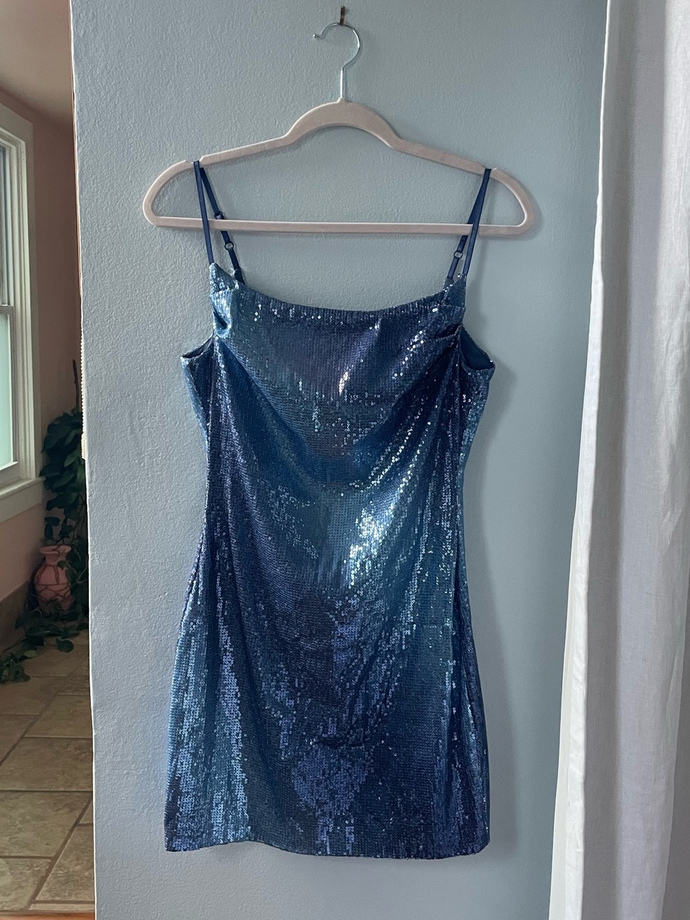 Emerald Sundae Shimmering Steel Blue Sequin Cowl Top